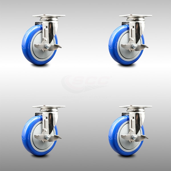 Service Caster 5 Inch 316SS Blue Polyurethane Wheel Swivel Top Plate Caster Set with Brake SCC SCC-SS31620S514-PPUB-BLUE-TLB-4 - main